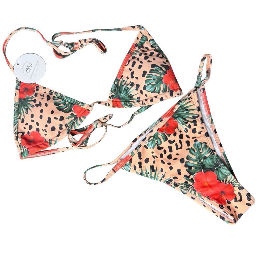 Boutique Leopard and Hibiscus Flower Print String Bikini Size M